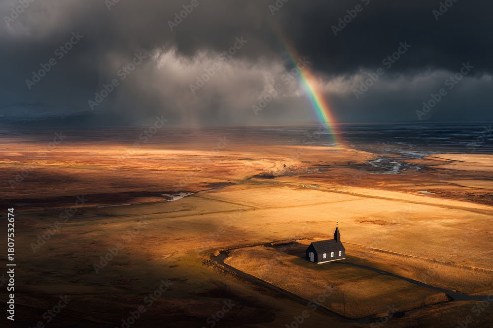 Fototapeta premium Dramatic aerial Icelandic landscape with rainbow over golden plains