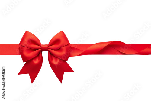 A vibrant red ribbon with a large bow.The ribbon is elegantly draped, emphasizing its smooth texture and rich color.