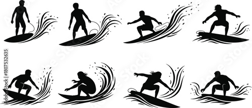Dynamic surfer silhouette collection riding ocean waves, extreme water sports action illustration set for summer beach design, surfing movement artwork themes