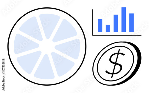 Circular pie chart, bar graph, and dollar coin representing financial distribution, growth tracking, resource allocation. Ideal for finance, analytics, budgeting, investing economics planning