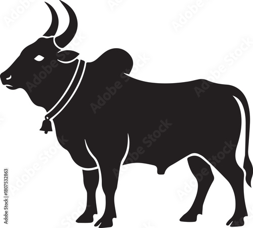 Majestic Silhouette of a Bull: A striking black silhouette of a powerful bull, embodying strength and resilience, stands in profile, ready to face any challenge.