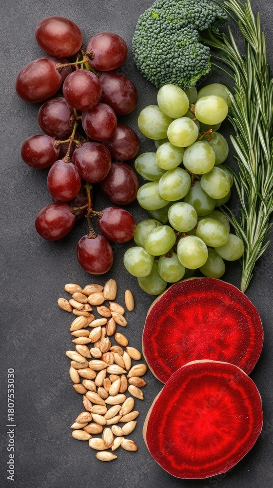 Obraz premium Vibrant beets, plump grapes, and flax seeds are elegantly laid out on a dark surface, showcasing the rich colors and textures of each ingredient
