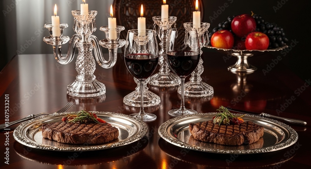 Fototapeta premium Two grilled steaks on silver plates, red wine glasses and lit candles on a dark wooden table at night
