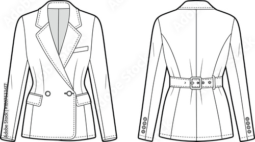 Women double breasted blazer flat sketch, front and back view, belted waist design, fashion cad template