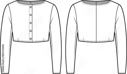 Women cropped cardigan long sleeve button front top technical fashion flat sketch front and back view, clothing design template illustration