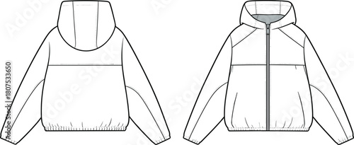 Windbreaker jacket illustration flat sketch front and back view, technical fashion drawing, vector outerwear design template