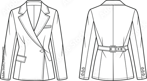 Women blazer jacket flat sketch, front and back view, belted waist, technical cad fashion design, stylish apparel vector illustration