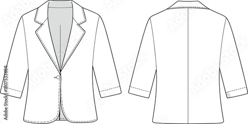 Women blazer jacket front and back cad drawing, flat fashion template with single button and notch lapel illustration