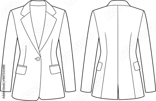 Women blazer jacket one button front and back view, tailored coat design, fashion flat sketch, apparel vector cad drawing illustration