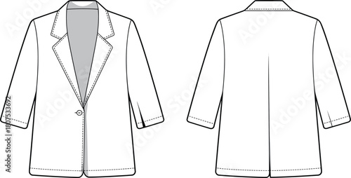 Women blazer jacket fashion flat illustration, front and back technical drawing with notch lapel and 3/4 sleeves, apparel cad mockup minimal vector
