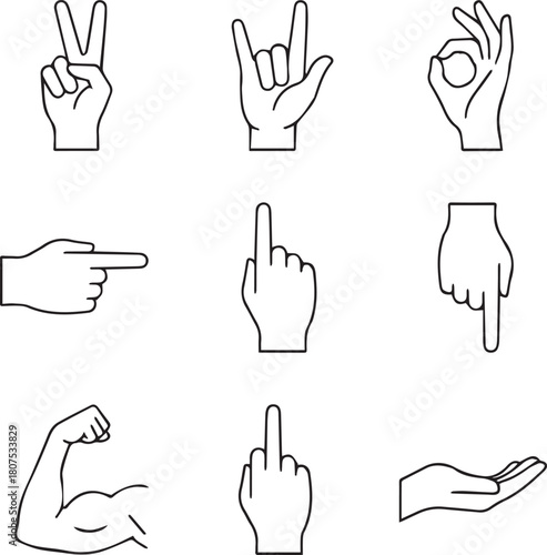 Symbolic Gestures: A collection of stylized hands, each performing a distinct gesture, elegantly captured in minimalist lines. These gestures convey messages of peace, rock on, approval, direction.
