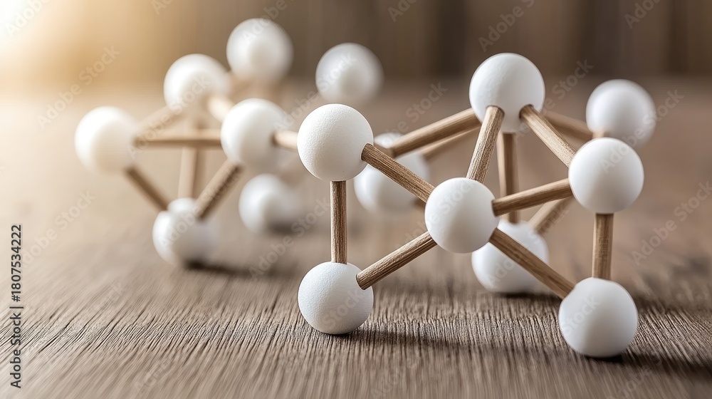 Obraz premium Wooden figures linked by white circles illustrate a network concept representing teamwork and collaboration