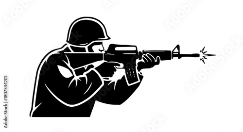 Soldier aiming assault rifle ready for action, combat military vector design