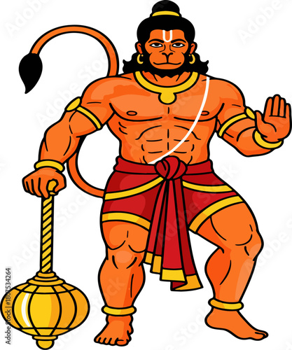 Minimal Hanuman Vector. Flat Color Full Body Hindu God Art.