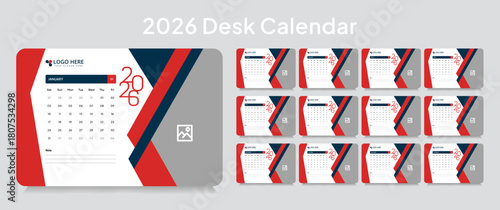 New year desk calendar 2026 template, corporate desk calendar schedule 2026 monthly 12-page planner layout, editable vector eps 10 file format	