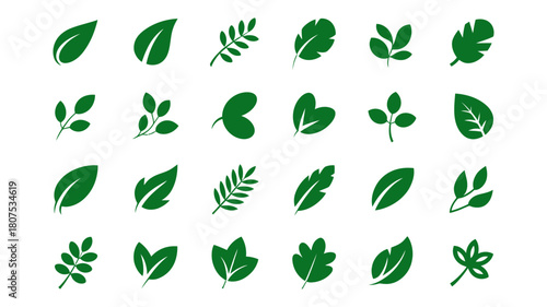 A diverse collection of minimalist green leaf icons and botanical symbols, representing nature, ecology, growth, sustainability, and organic concepts.