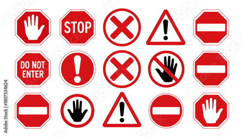 Extensive collection of red and white stop, warning, prohibition, and no entry signs, traffic symbols, and safety alerts. road sign vector set.