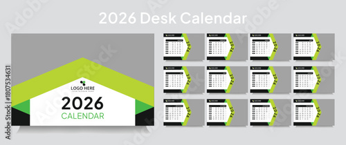New year desk calendar 2026 template, corporate desk calendar schedule 2026 monthly 12-page planner layout, editable vector eps 10 file format	