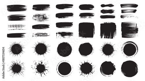 Black grunge brush strokes and ink splatters vector set, creative art elements for design projects, textured paint brushes and messy blotches