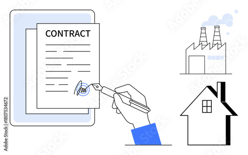 Hand signing a contract on a tablet, factory representing production, and a house symbolizing residential use. Ideal for business, energy industry, agreements, partnerships, e-signatures, digital