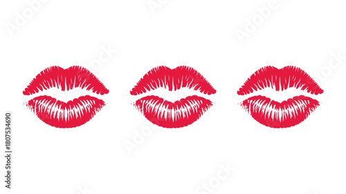 Three vibrant red lipstick kiss marks isolated on a clean white background, symbolizing love, passion, romance, affection, and beauty.