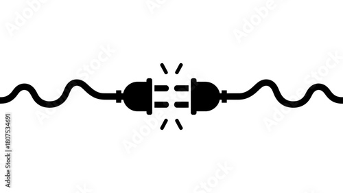 Electric plug and socket connection icon with dynamic energy sparks, symbolizing power, interface, network, solution, and problem resolution.