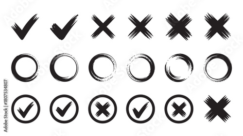Brush stroke checkmark and cross x marks, with outlined circles, some containing ticks or crosses, for selection, rejection, or task completion
