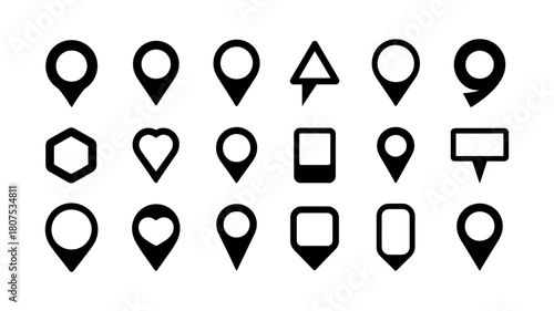 Diverse set of black map pointer icons, location markers, and navigation pins for digital applications, websites, and geographic information systems.