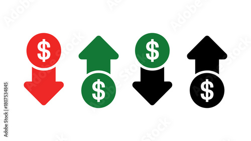Financial indicators with dollar signs and arrows, illustrating upward and downward trends in market value, costs, profits, economy clearly