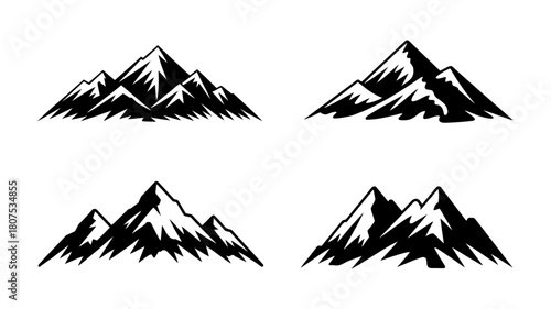 Stylized mountain peak vector illustrations set for outdoor adventures and nature exploration, featuring rugged alpine silhouettes, ideal for logos and badges.