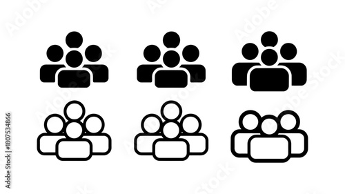 User group icons set, displaying various stylized black and white outline representations of multiple people, ideal for web design, digital interfaces, applications.