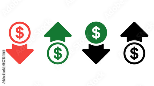 Dollar currency icons illustrating financial trends with red down arrows for decrease and green up arrows for increase, symbolizing market fluctuations.