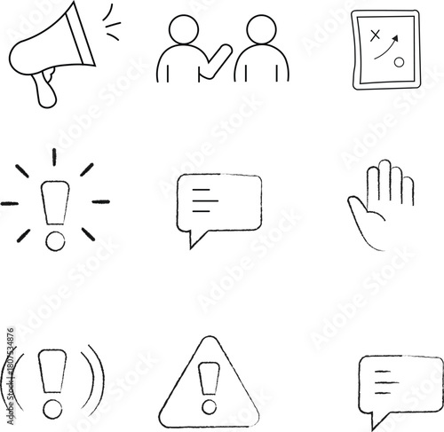 Communication and warning icons with business strategy symbols vector collection