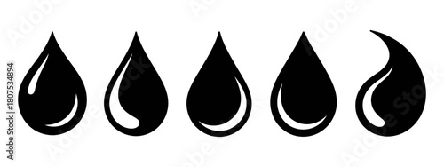 Black water droplet icons set representing liquid, oil, or tear symbols in a clean and modern vector style for various design applications