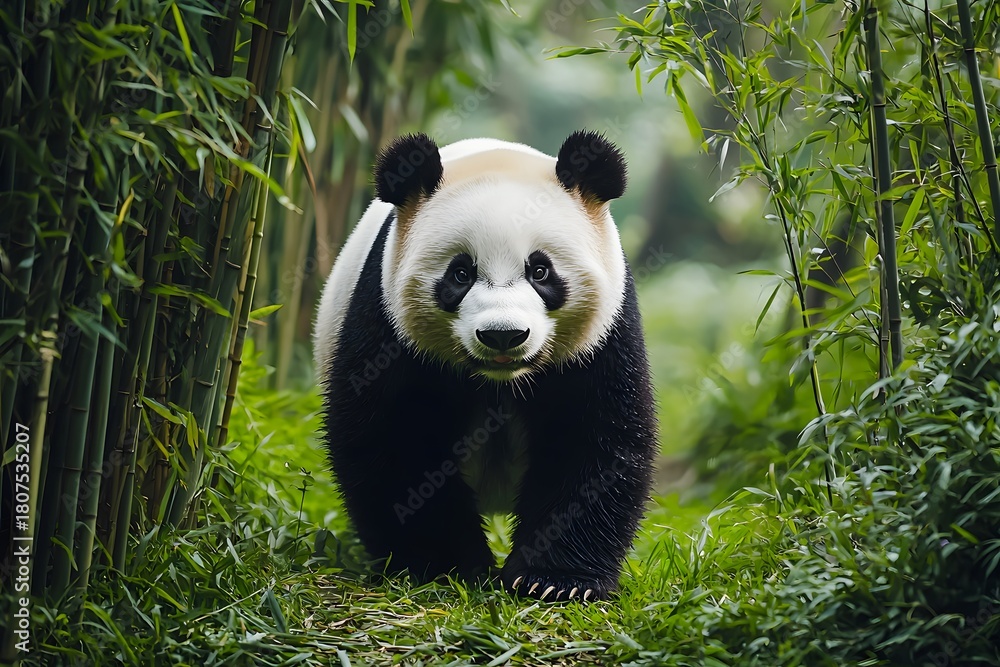 Fototapeta premium Cute panda exploring green habitat high resolution picture