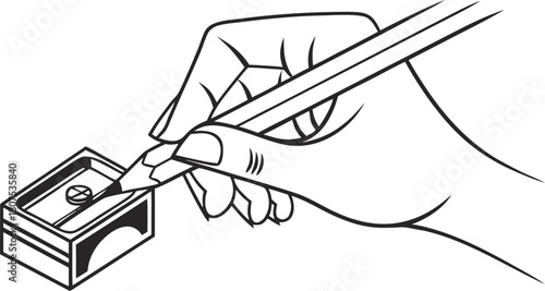 Hand holding a pencil sharpening with a sharpener vector illustration isolated on white background