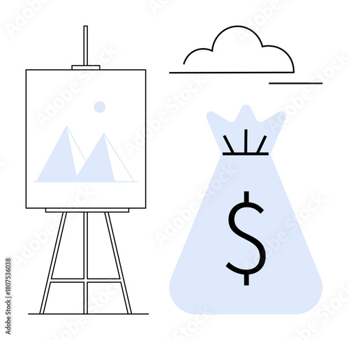 Canvas on an easel next to a money bag with a dollar symbol and a cloud above, visualizing business, artistic innovation, and financial planning. Ideal for finance, investment strategies