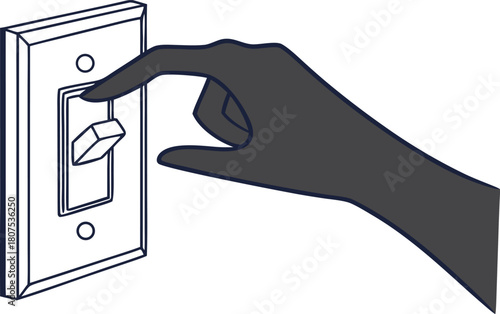Hand turning on a light switch vector line art illustration isolated on white background
