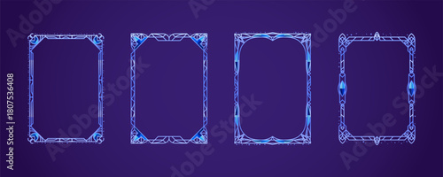 A set of borders with a stylized winter pattern. Vector frame templates on A4 paper. Icy engraved frames with winter ornaments and crystals. Decorations for Christmas, holidays. Cartoon illustration.