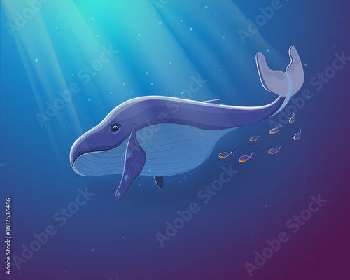 Underwater wildlife. A whale swimming in the ocean in the sun, a school of fish. Blue whale in cartoon style. Animal migration, mammal, nature and environment, deep sea. Vector illustration.