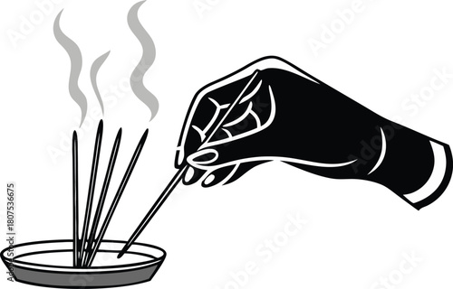 Hand putting off incense stick | Hand placing incense sticks in a holder vector illustration for aromatherapy and relaxation isolated on white background