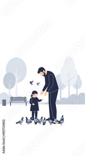 Man feeding pigeons with little girl in park on sunny day  