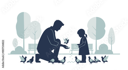 Father feeding pigeons with daughter in park on sunny day  
