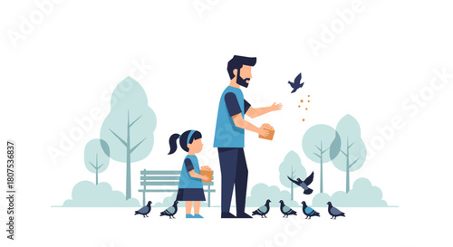 Man feeding pigeons with girl in park during International Father’s Day  