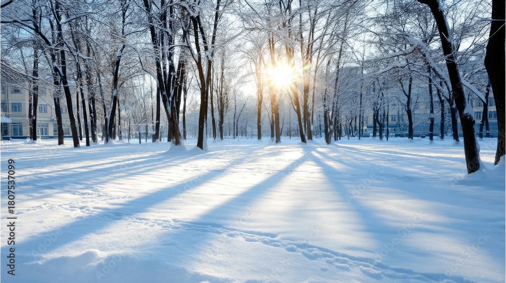 Obraz premium Bright sunlight shines through trees in a snowy forest, creating a serene winter scene filled with sparkling snow and shadows
