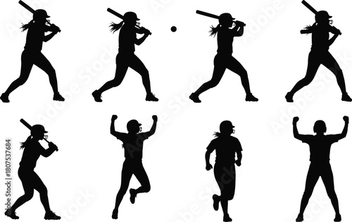 Female softball player silhouette set showing batting, running, celebration, sports action poses, athlete vector illustration for team sports design use