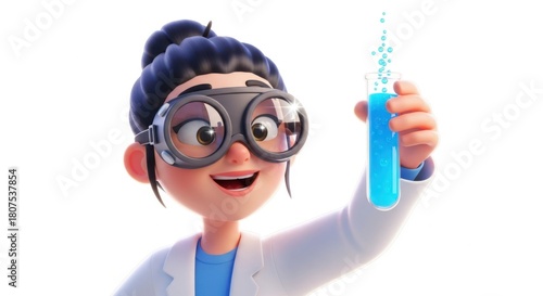 Excited cartoon scientist child in goggles holds up test tube with blue liquid