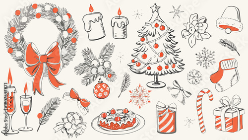 Festive christmas elements including wreath candles tree and gifts in a decorative arrangement