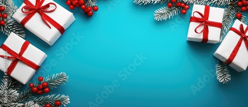Bright red berries and pine branches frame a light background, showcasing holiday gifts and decorative elements for a cheerful atmosphere