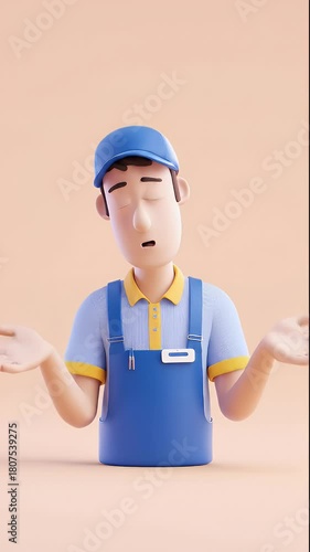 Confused Cartoon Character in Overalls with Open Hands and a Questioning Expression.